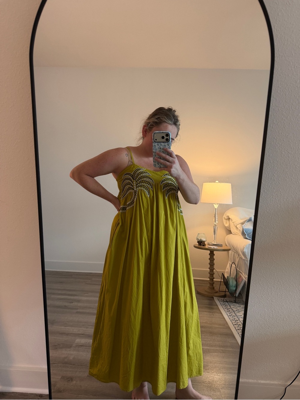 Embellished chartreuse Maxi Dress with Spaghetti Straps